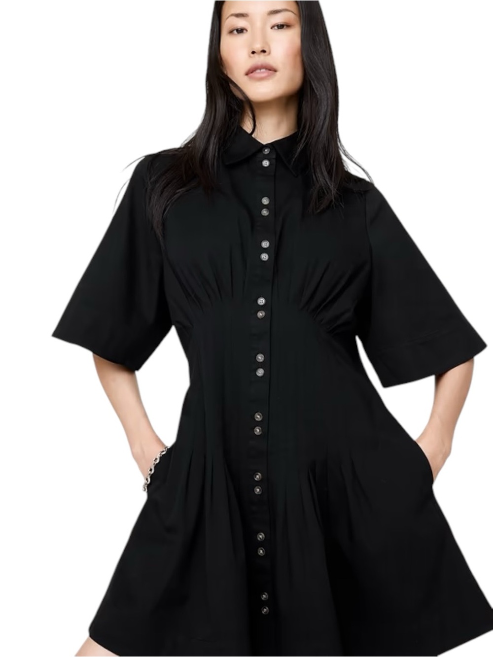 Banana Republic Pintuck Cotton Poplin Mini Shirt Dress Black Size Petite Small